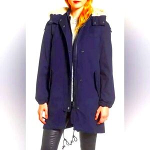 NWT AG ADRIANO GOLDSCHMIED Dani Shearling Trim Parka Hooded Navy XS MSRP $698